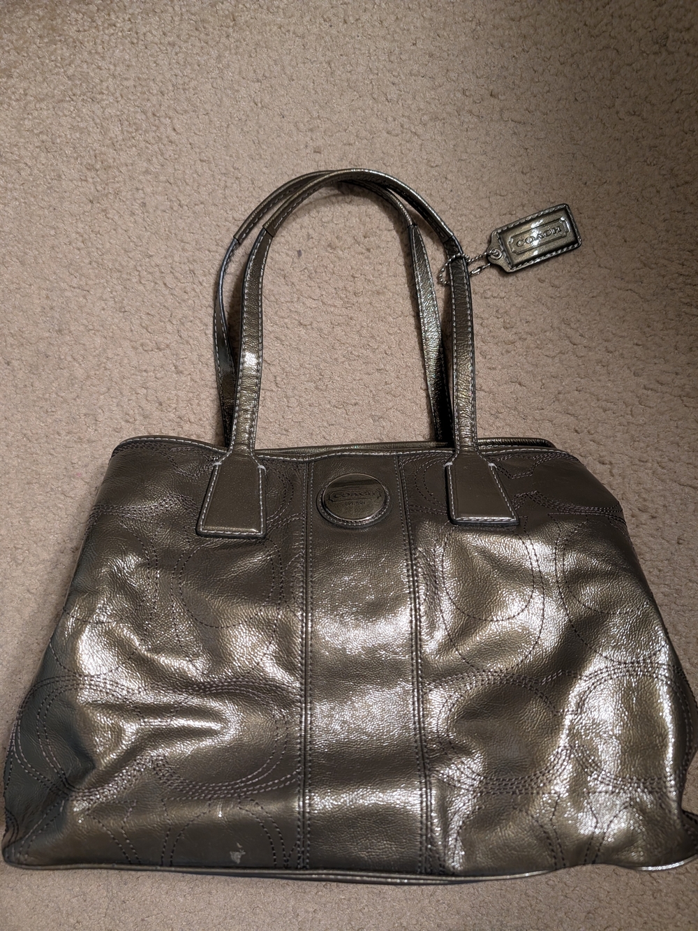 Coach Metallic Pewter Leather Shoulder Tote - Pewter